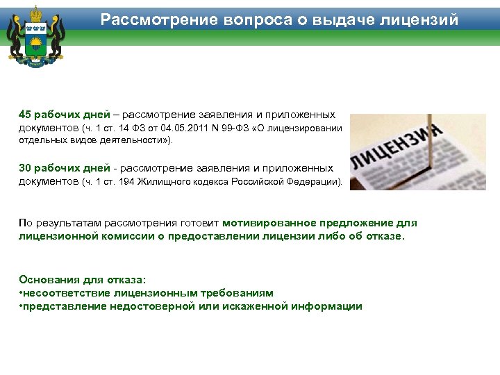 Рассмотрение вопроса о выдаче лицензий 45 рабочих дней – рассмотрение заявления и приложенных документов