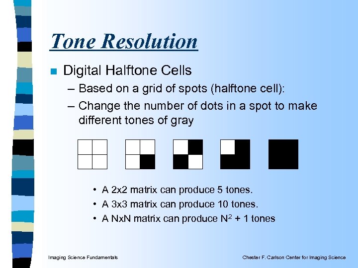 Tone Resolution n Digital Halftone Cells – Based on a grid of spots (halftone