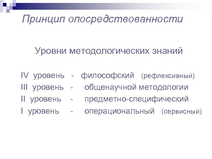 Принцип опосредствованности Уровни методологических знаний IV уровень III уровень - философский (рефлексивный) - общенаучной