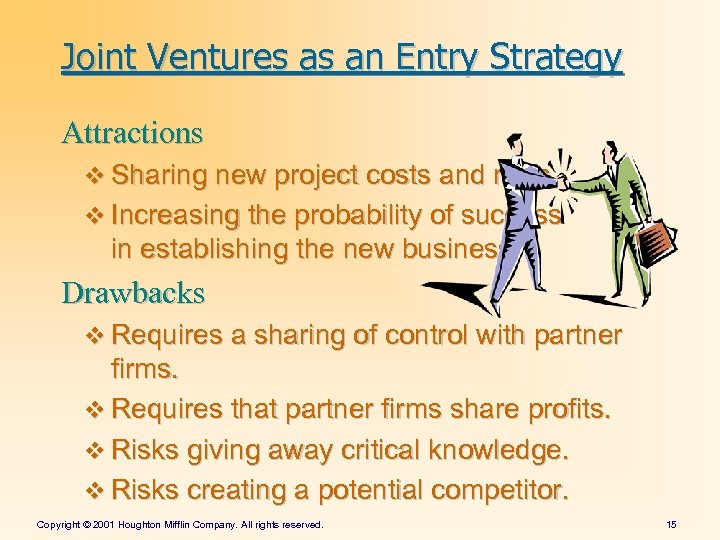 Joint Ventures as an Entry Strategy Attractions v Sharing new project costs and risks.