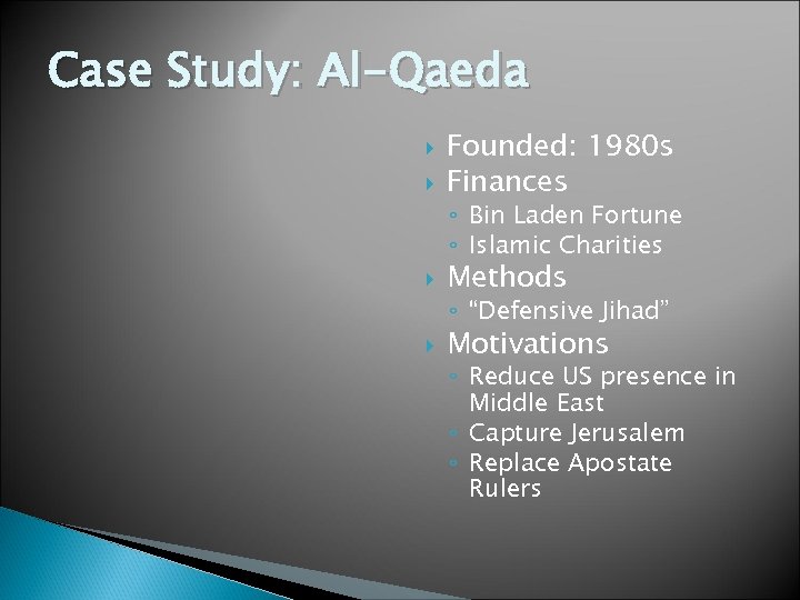 Case Study: Al-Qaeda Founded: 1980 s Finances ◦ Bin Laden Fortune ◦ Islamic Charities