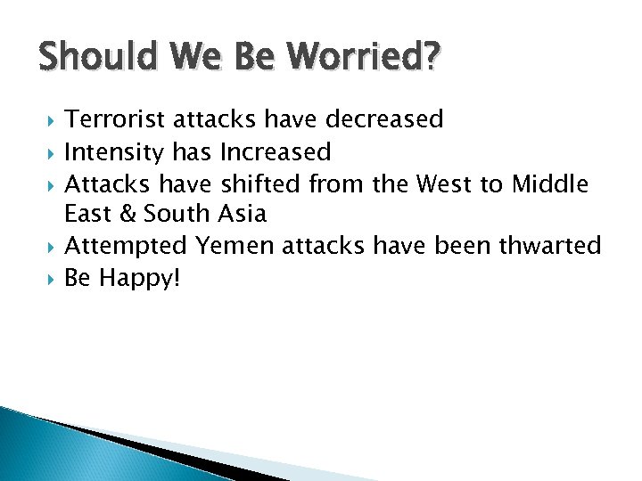 Should We Be Worried? Terrorist attacks have decreased Intensity has Increased Attacks have shifted