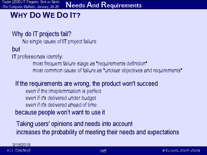 Taylor (2000) IT Projects: Sink or Swim The Computer Bulletin, January, 24 -26 Needs