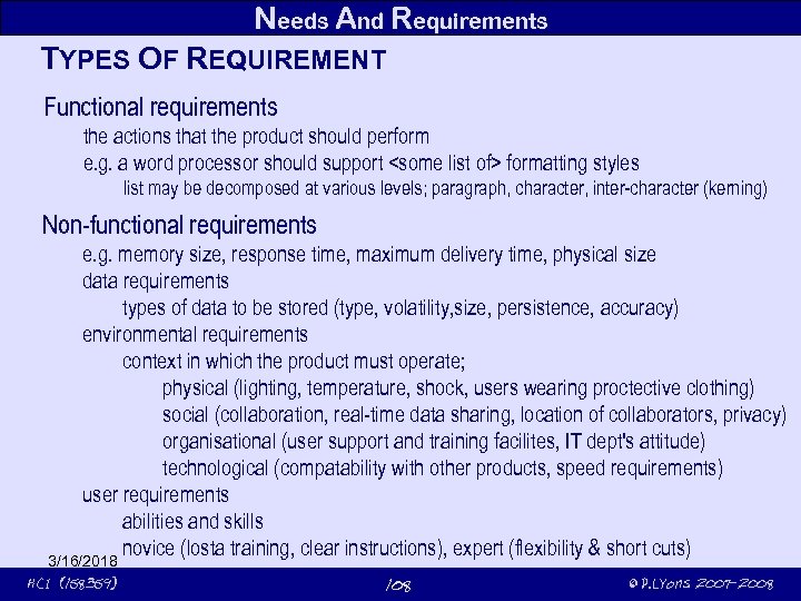 Needs And Requirements TYPES OF REQUIREMENT Functional requirements the actions that the product should