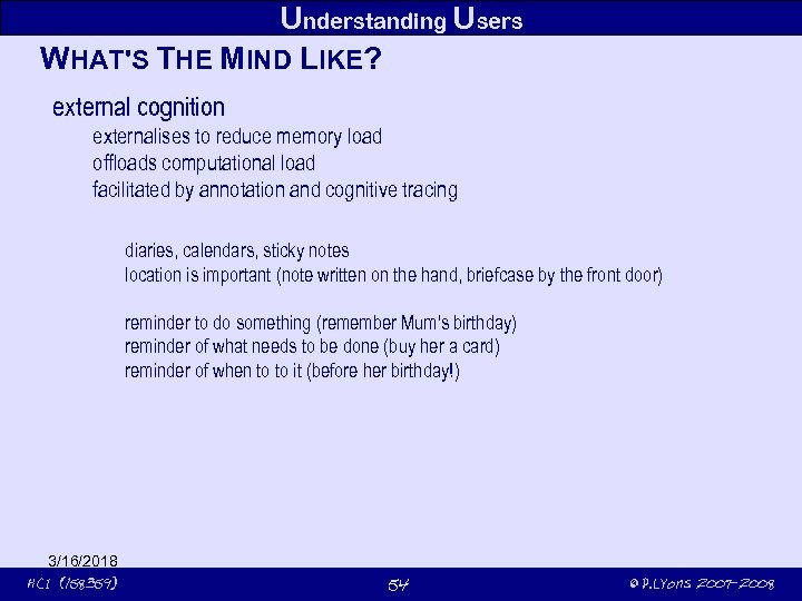 Understanding Users WHAT'S THE MIND LIKE? external cognition externalises to reduce memory load offloads