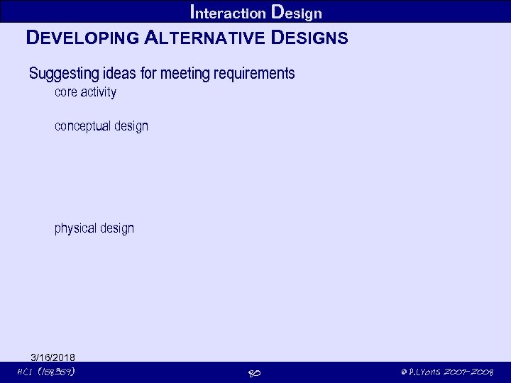 Interaction Design DEVELOPING ALTERNATIVE DESIGNS Suggesting ideas for meeting requirements core activity conceptual design