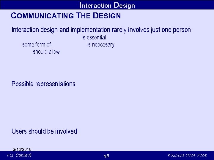 Interaction Design COMMUNICATING THE DESIGN Interaction design and implementation rarely involves just one person