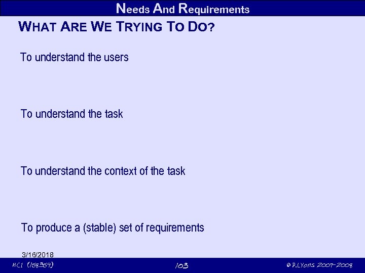 Needs And Requirements WHAT ARE WE TRYING TO DO? To understand the users To