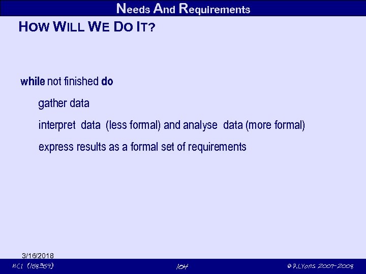 Needs And Requirements HOW WILL WE DO IT? while not finished do gather data