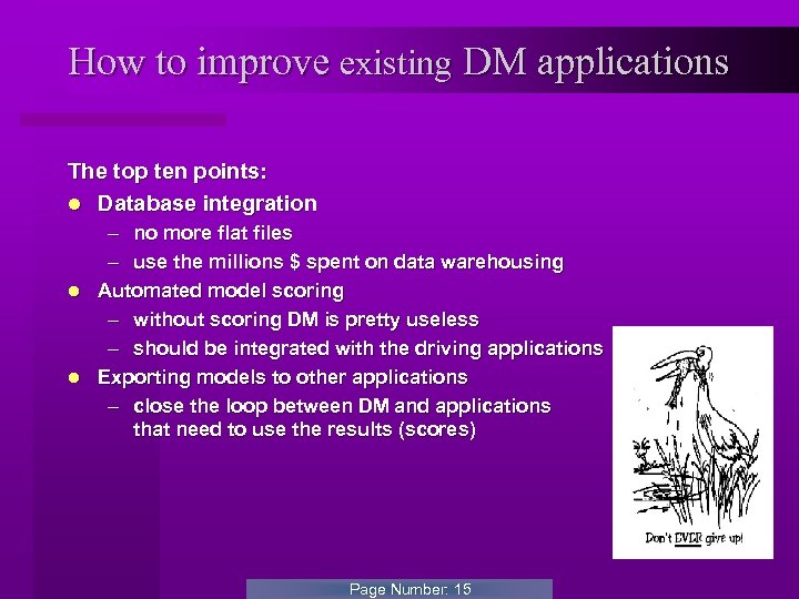 How to improve existing DM applications The top ten points: l Database integration –
