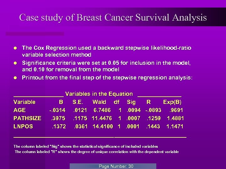 Case study of Breast Cancer Survival Analysis The Cox Regression used a backward stepwise