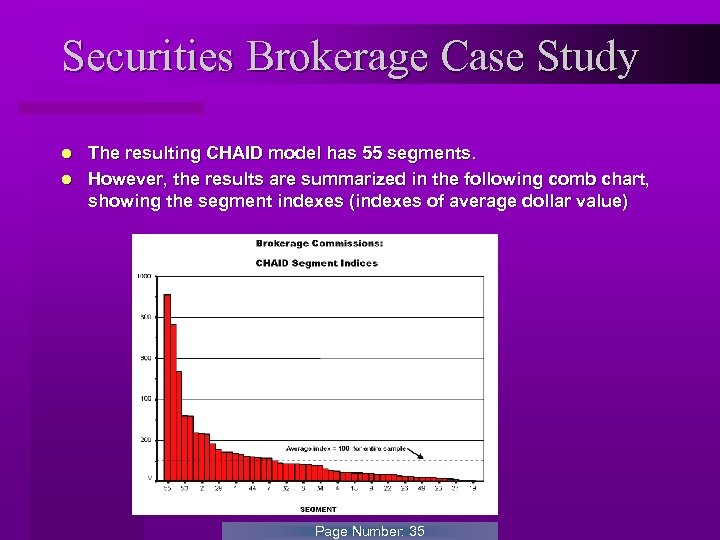 Securities Brokerage Case Study The resulting CHAID model has 55 segments. l However, the