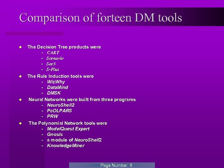 Comparison of forteen DM tools l l The Decision Tree products were - CART