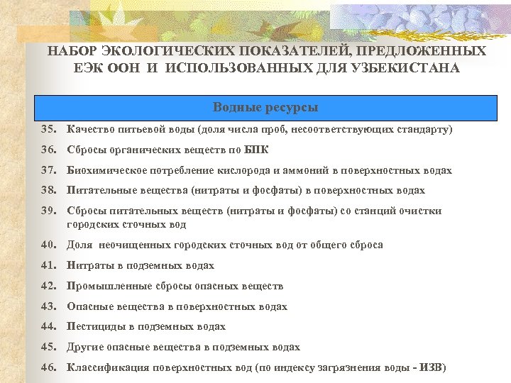 НАБОР ЭКОЛОГИЧЕСКИХ ПОКАЗАТЕЛЕЙ, ПРЕДЛОЖЕННЫХ ЕЭК ООН И ИСПОЛЬЗОВАННЫХ ДЛЯ УЗБЕКИСТАНА Водные ресурсы 35. Качество