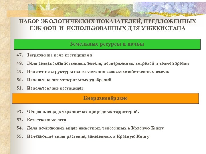 НАБОР ЭКОЛОГИЧЕСКИХ ПОКАЗАТЕЛЕЙ, ПРЕДЛОЖЕННЫХ ЕЭК ООН И ИСПОЛЬЗОВАННЫХ ДЛЯ УЗБЕКИСТАНА Земельные ресурсы и почвы
