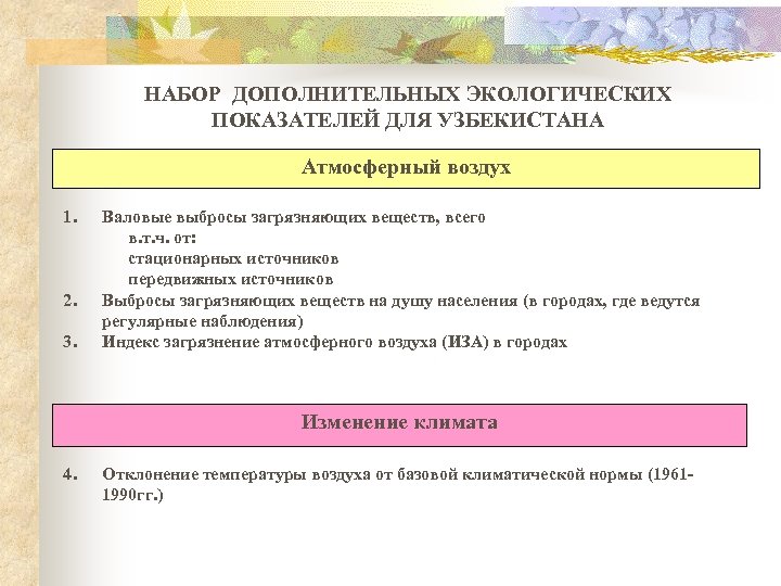 НАБОР ДОПОЛНИТЕЛЬНЫХ ЭКОЛОГИЧЕСКИХ ПОКАЗАТЕЛЕЙ ДЛЯ УЗБЕКИСТАНА Атмосферный воздух 1. 2. 3. Валовые выбросы загрязняющих