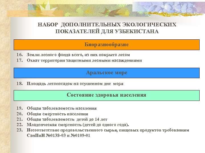 НАБОР ДОПОЛНИТЕЛЬНЫХ ЭКОЛОГИЧЕСКИХ ПОКАЗАТЕЛЕЙ ДЛЯ УЗБЕКИСТАНА Биоразнообразие 16. Земли лесного фонда всего, из них