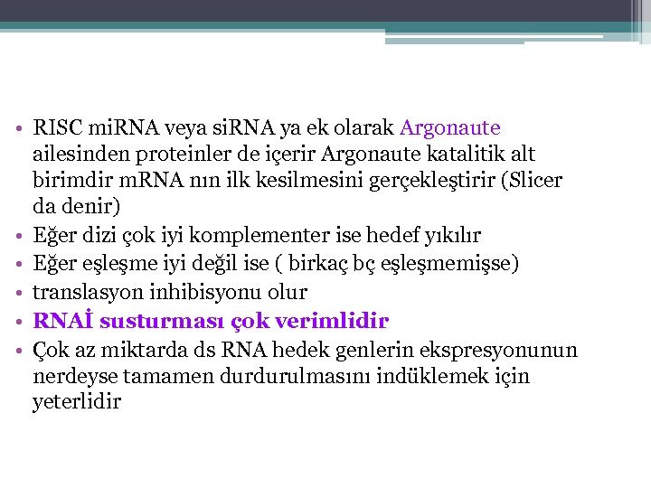  • RISC mi. RNA veya si. RNA ya ek olarak Argonaute ailesinden proteinler