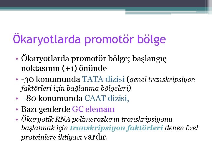 Ökaryotlarda promotör bölge • Ökaryotlarda promotör bölge; başlangıç noktasının (+1) önünde • -30 konumunda