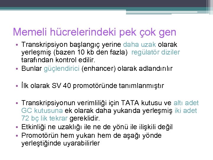 Memeli hücrelerindeki pek çok gen • Transkripsiyon başlangıç yerine daha uzak olarak yerleşmiş (bazen