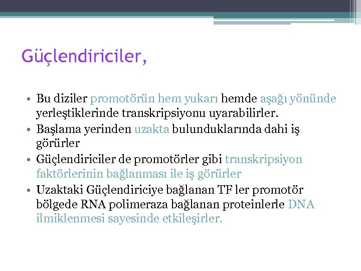 Güçlendiriciler, • Bu diziler promotörün hem yukarı hemde aşağı yönünde yerleştiklerinde transkripsiyonu uyarabilirler. •