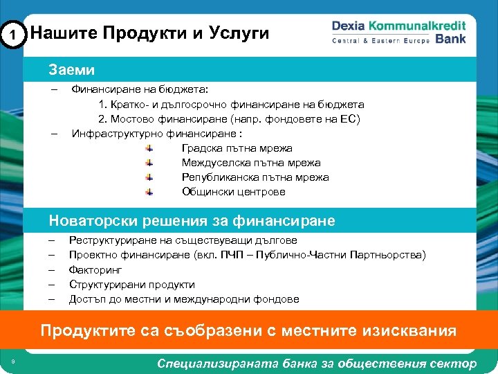 1 Нашите Продукти и Услуги Заеми – – Финансиране на бюджета: 1. Кратко- и