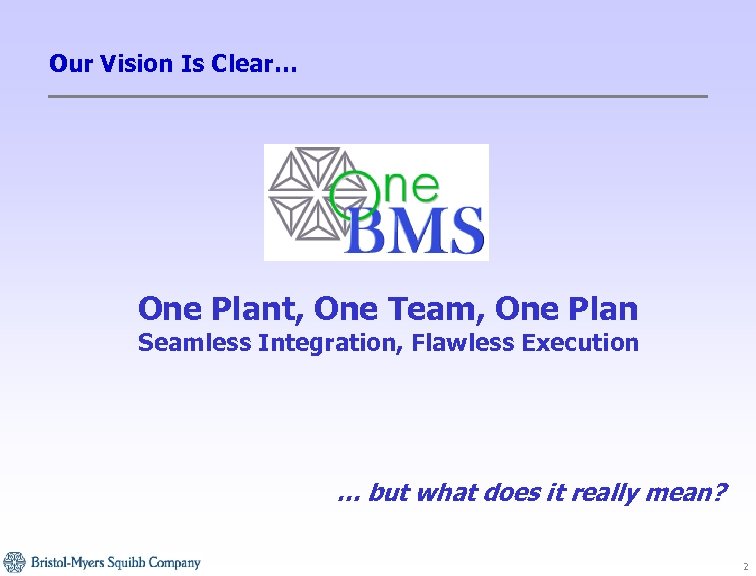 Our Vision Is Clear… One Plant, One Team, One Plan Seamless Integration, Flawless Execution