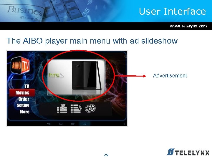 User Interface www. telelynx. com The AIBO player main menu with ad slideshow Advertisement