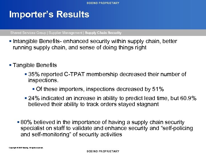 BOEING PROPRIETARY Importer’s Results Shared Services Group | Supplier Management | Supply Chain Security