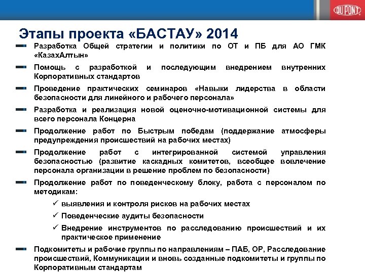 Этапы проекта «БАСТАУ» 2014 Разработка Общей стратегии и политики по ОТ и ПБ для