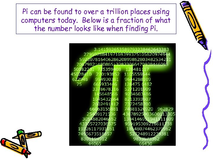 Pi can be found to over a trillion places using computers today. Below is