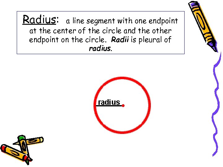 Radius: a line segment with one endpoint at the center of the circle and