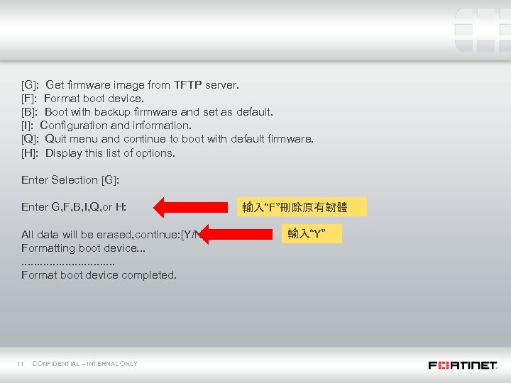 [G]: Get firmware image from TFTP server. [F]: Format boot device. [B]: Boot with