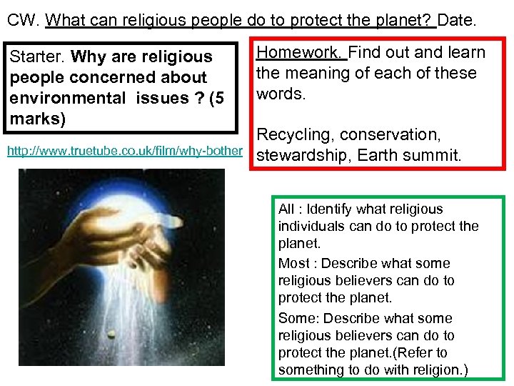 CW. What can religious people do to protect the planet? Date. Starter. Why are