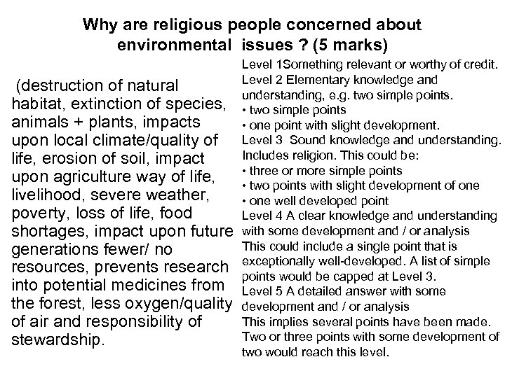 Why are religious people concerned about environmental issues ? (5 marks) Level 1 Something