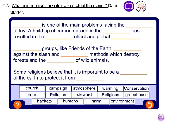 CW. What can religious people do to protect the planet? Date. Starter. 