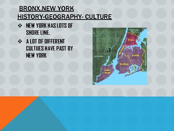 BRONX, NEW YORK HISTORY-GEOGRAPHY- CULTURE v NEW YORK HAS LOTS OF SHORE LINE. v