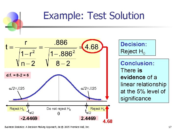 Example: Test Solution Decision: Reject H 0 Conclusion: There is evidence of a linear