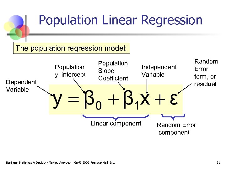 Population Linear Regression The population regression model: Population y intercept Dependent Variable Population Slope