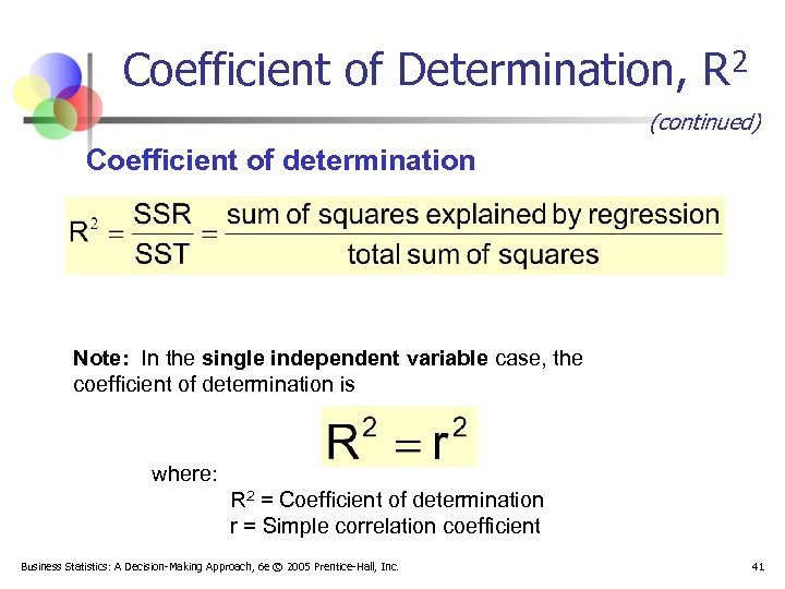 Coefficient of Determination, R 2 (continued) Coefficient of determination Note: In the single independent
