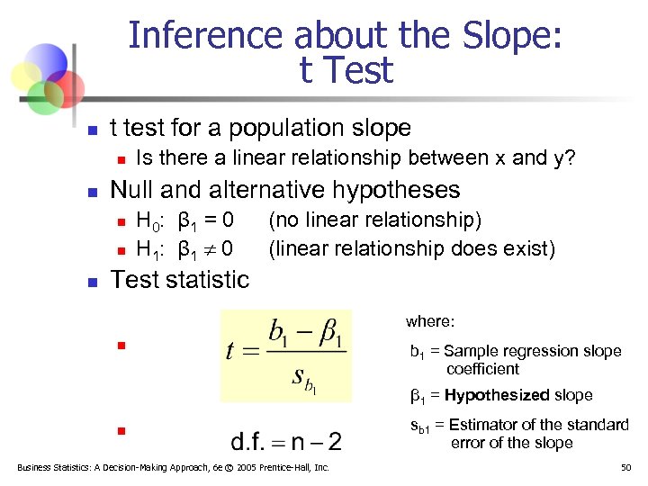 Inference about the Slope: t Test n t test for a population slope n