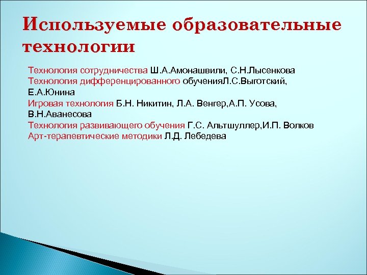 Используемые образовательные технологии Технология сотрудничества Ш. А. Амонашвили, С. Н. Лысенкова Технология дифференцированного обучения.