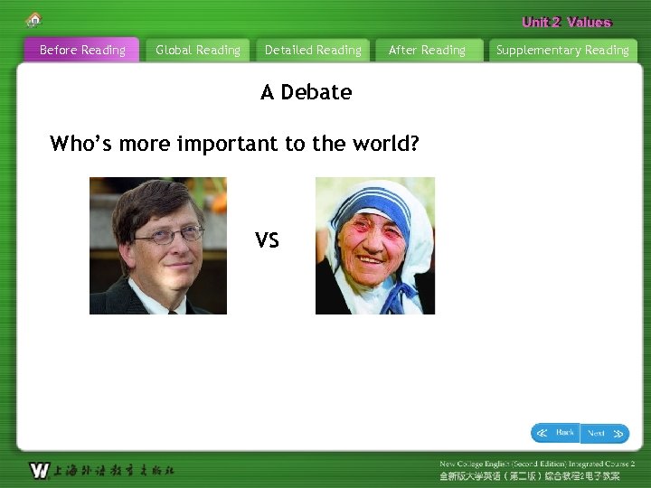 Unit 2 Values Before Reading Global Reading Detailed Reading After Reading A Debate Who’s