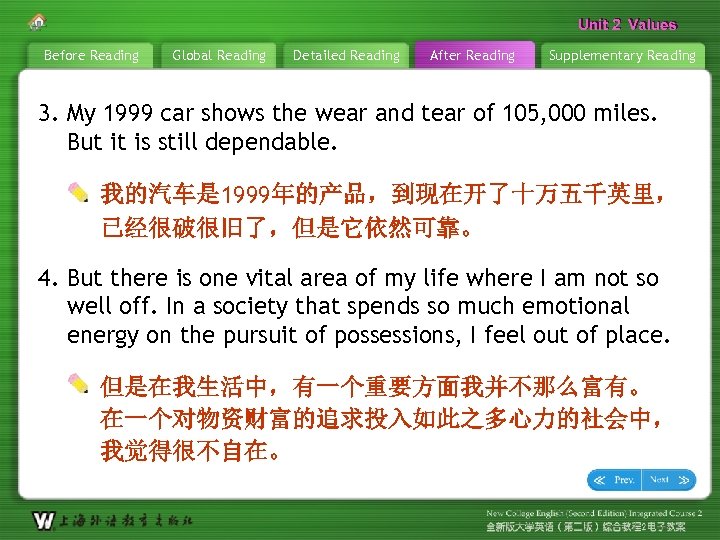 Unit 2 Values Before Reading Global Reading Detailed Reading After Reading Supplementary Reading 3.