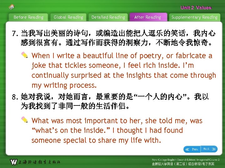 Unit 2 Values Before Reading Global Reading Detailed Reading After Reading Supplementary Reading 7.