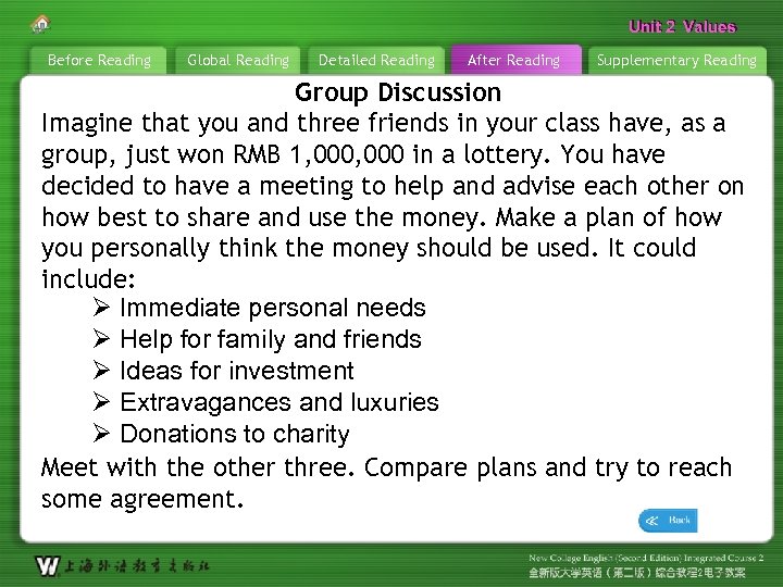 Unit 2 Values Before Reading Global Reading Detailed Reading After Reading Supplementary Reading Group