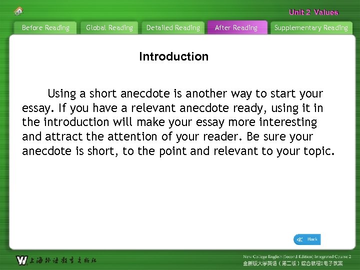 Unit 2 Values Before Reading Global Reading Detailed Reading After Reading Supplementary Reading Introduction