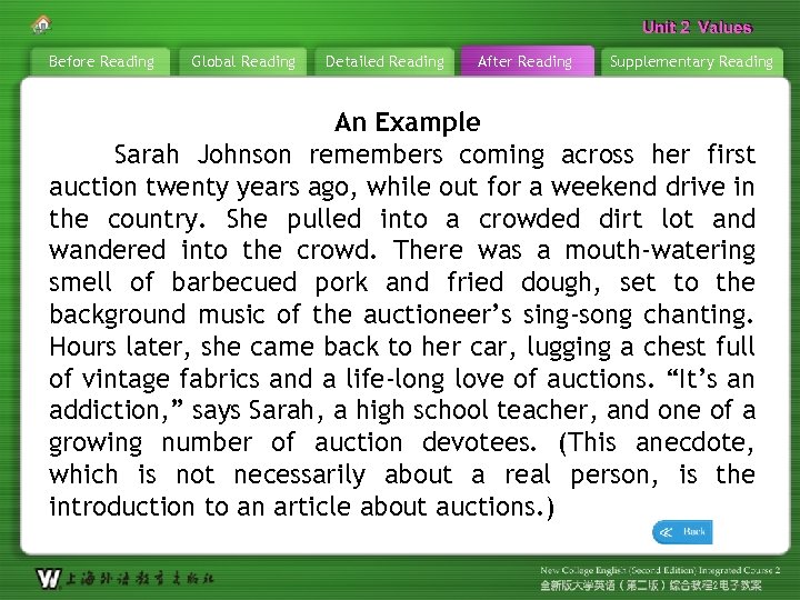 Unit 2 Values Before Reading Global Reading Detailed Reading After Reading Supplementary Reading An