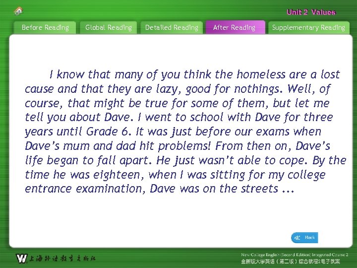 Unit 2 Values Before Reading Global Reading Detailed Reading After Reading Supplementary Reading I
