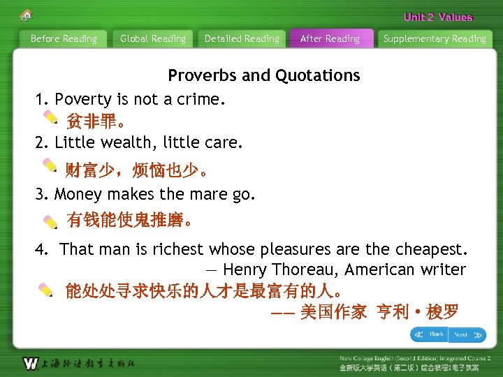 Unit 2 Values Before Reading Global Reading Detailed Reading After Reading Supplementary Reading Proverbs